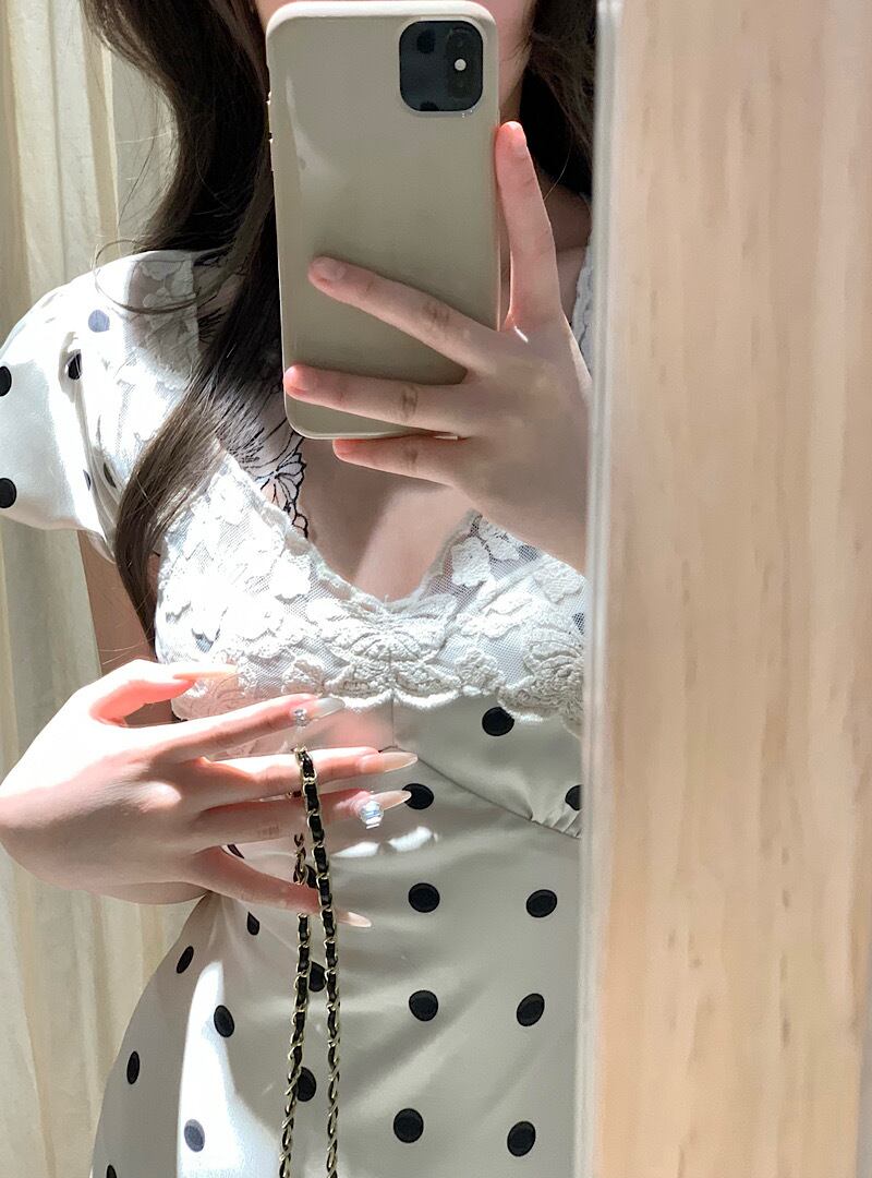 【dress】レースVネックドット柄ワンピース G20640