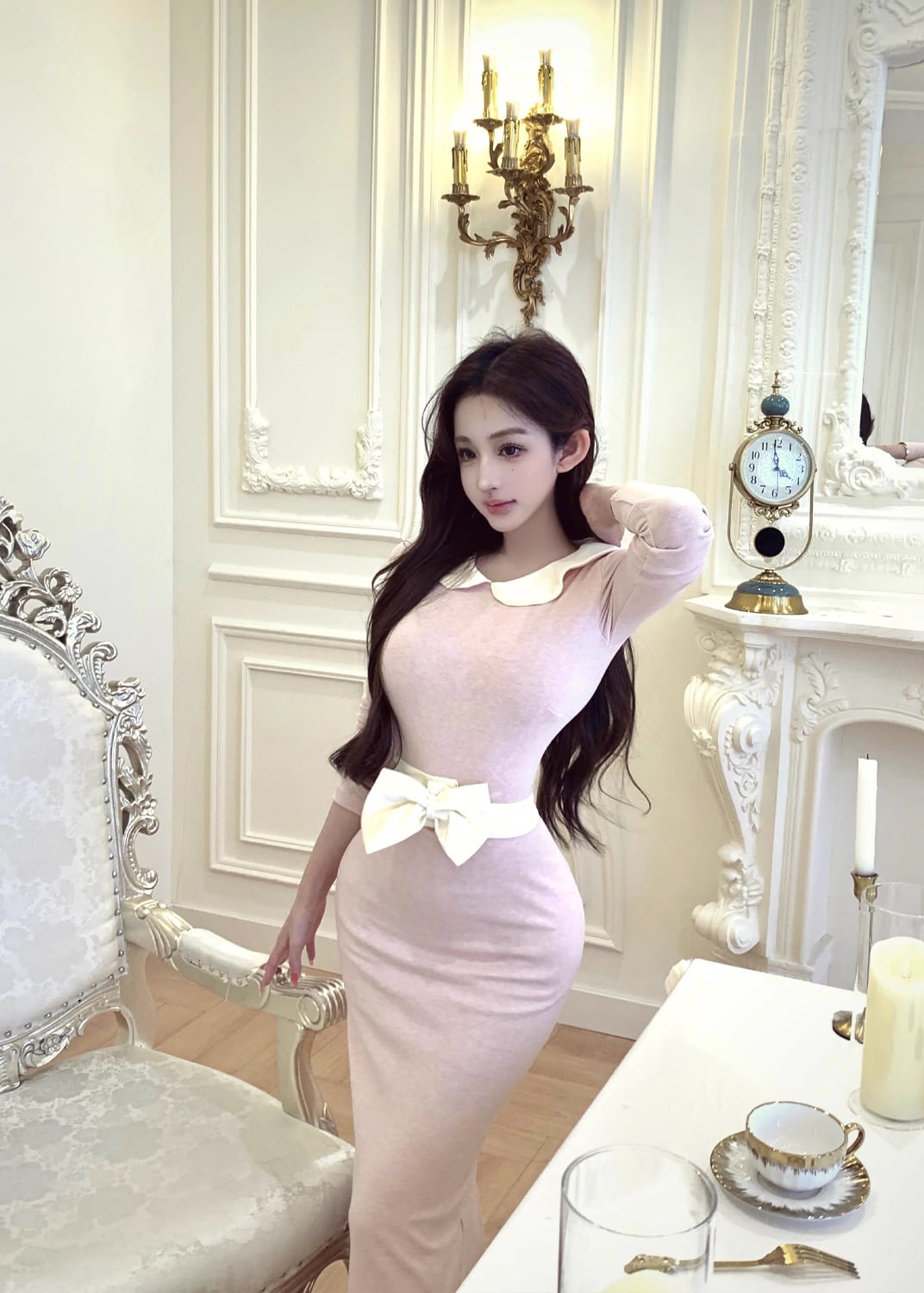 【dress】ベルト付きピーターパンカラーロングワンピース Q7733