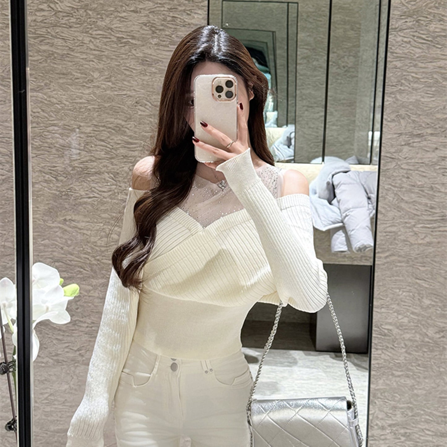 【tops】ラインストーンチュールレイヤードオフショルニット　N3507
