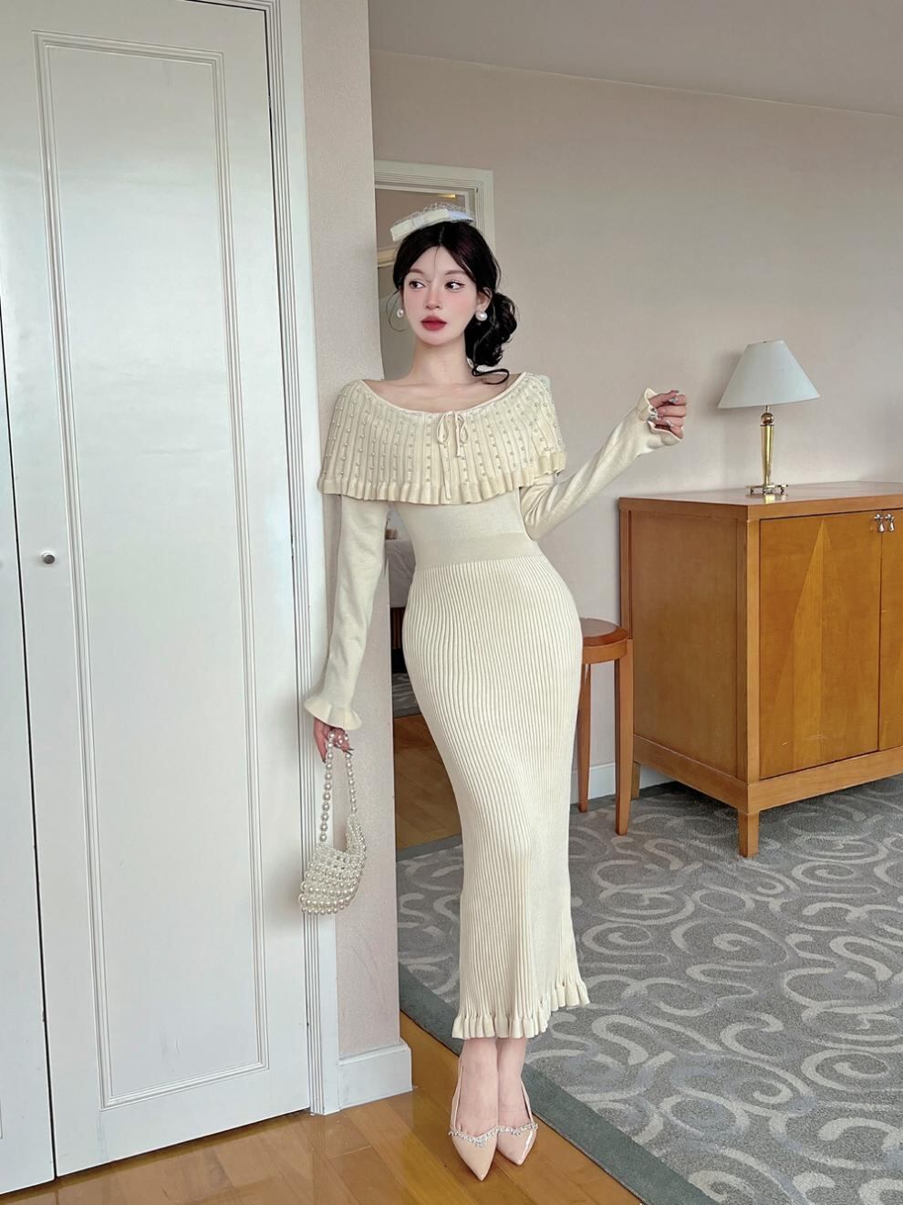 【dress】ラバティンカラーニットワンピース Q7046