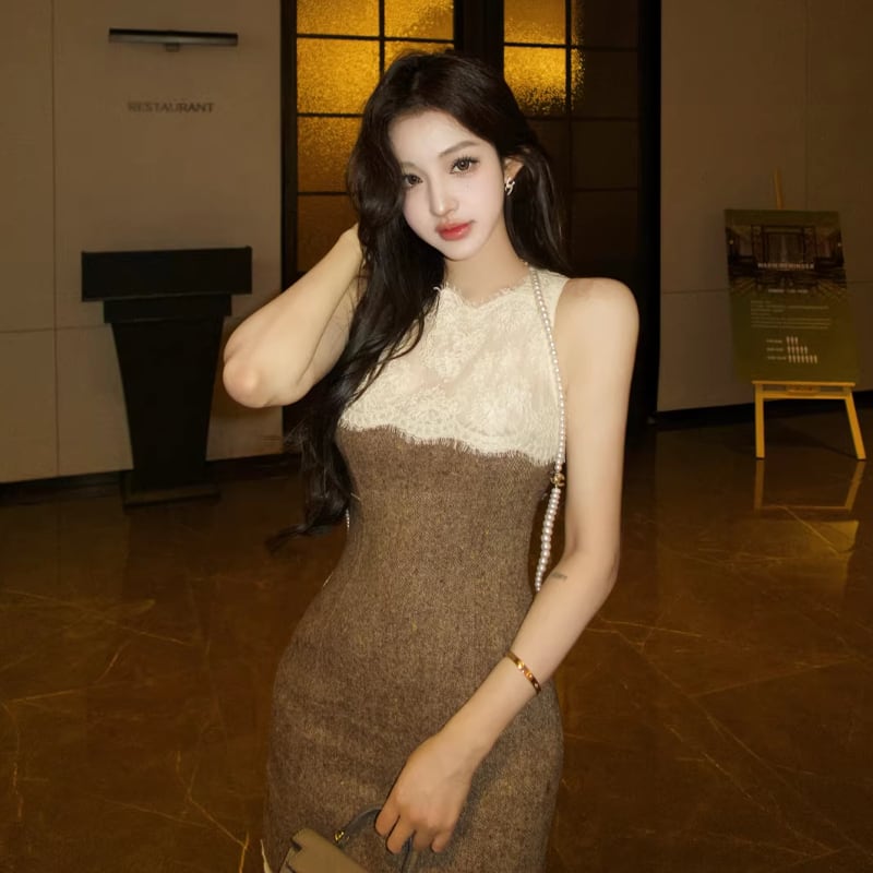 【dress】ノースリーブレースドッキングワンピース Q8023