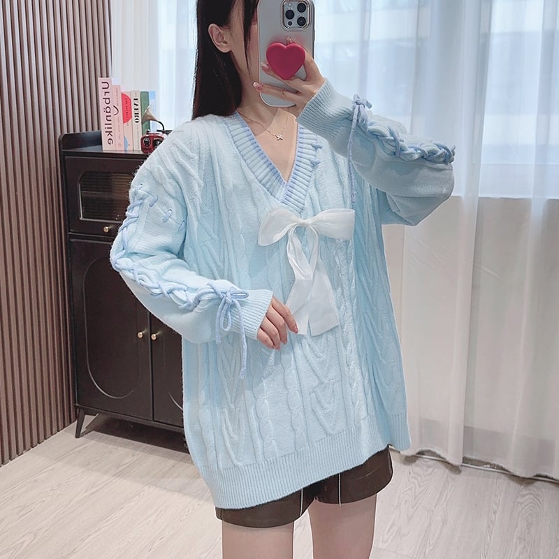 【tops】リボン付きレースアップニットセーター　N2714