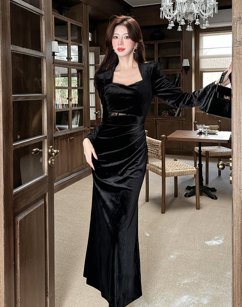 【dress】スクエアネックレースドッキングロングワンピース Q7286