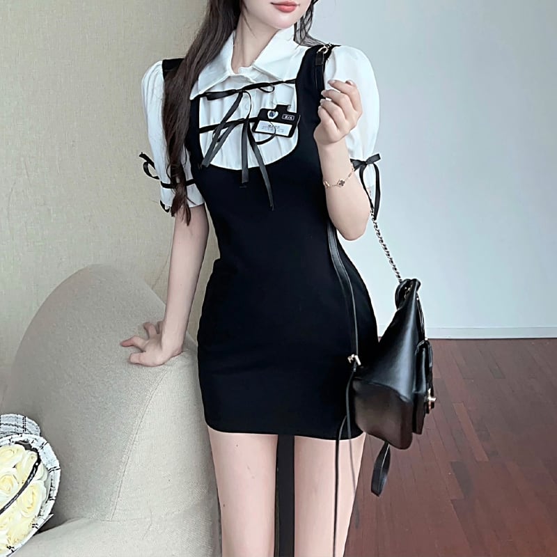 【dress】リボン付きフェイクレイヤードワンピース Q8415