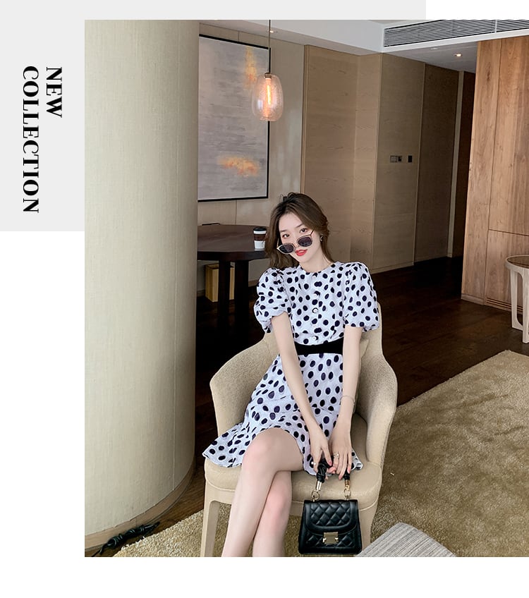 【dress】高級感好感度UP!気質満点パフスリーブドット柄透かし彫りワンピース G0257