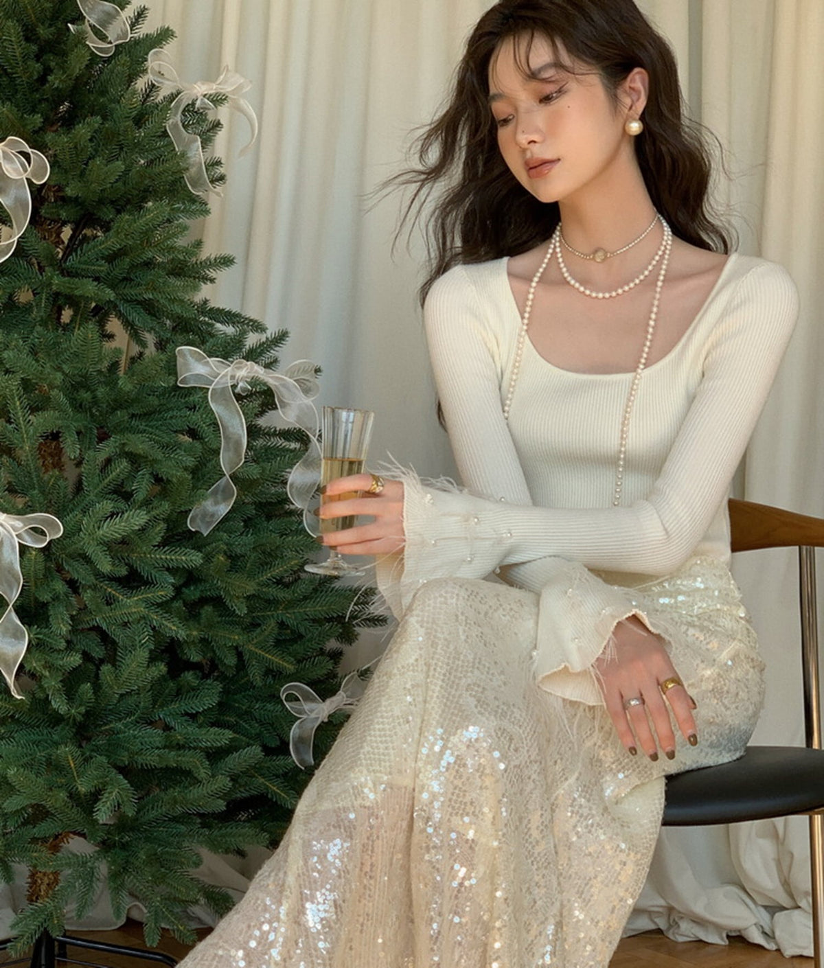 【tops】パールベルスリーブニットトップス　N2947