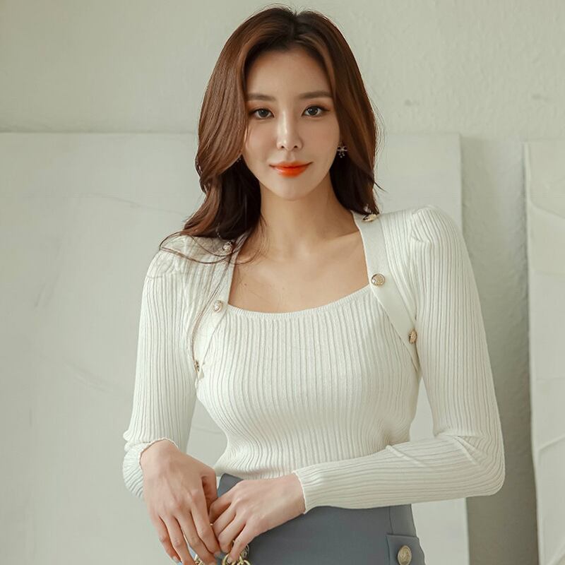 【tops】ボタンデザインニットトップス　M18806