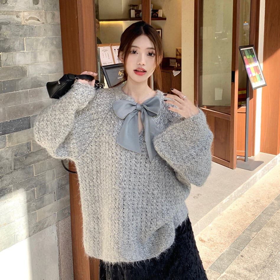 【tops】リボン付きニットセーター　M27460