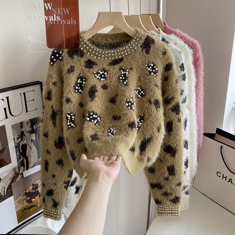 【tops】ヒョウ柄パールファーニットセーター　M27849
