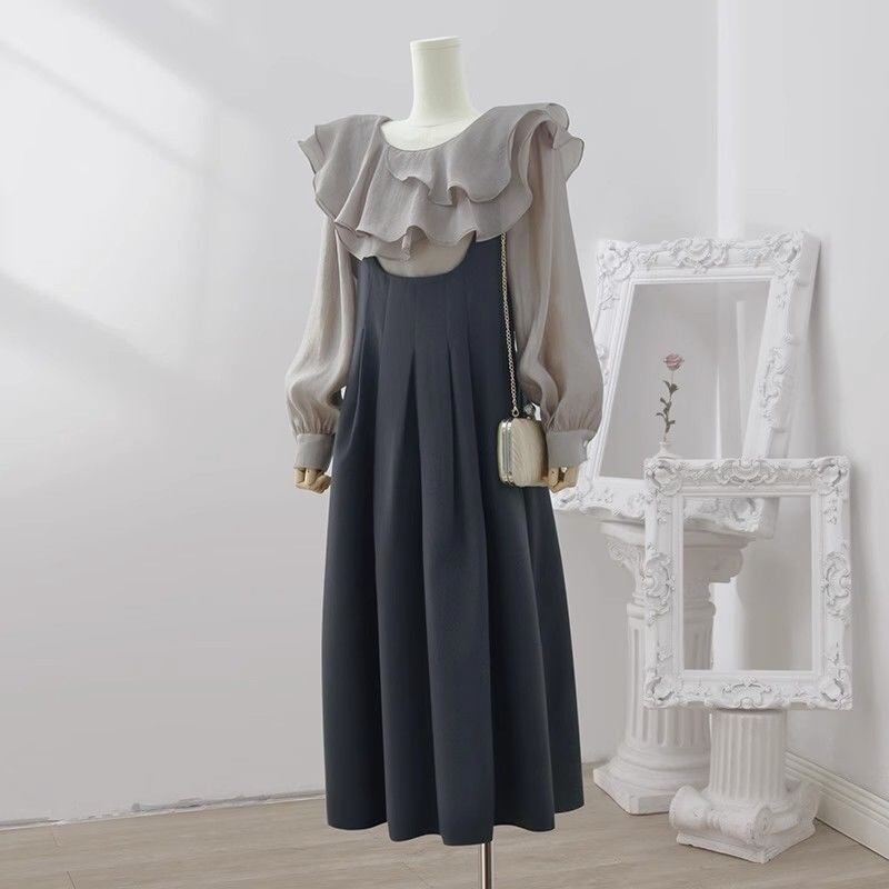 【set】フリルブラウス×サロペットスカートセット　N2073