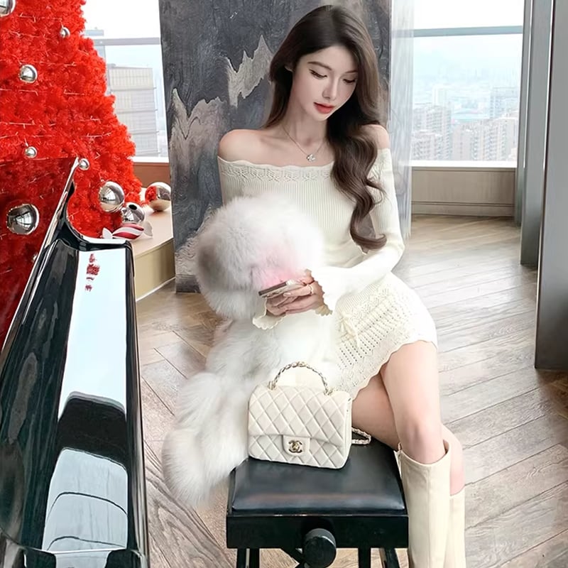 【dress】オフショルダーニットワンピース Q7727