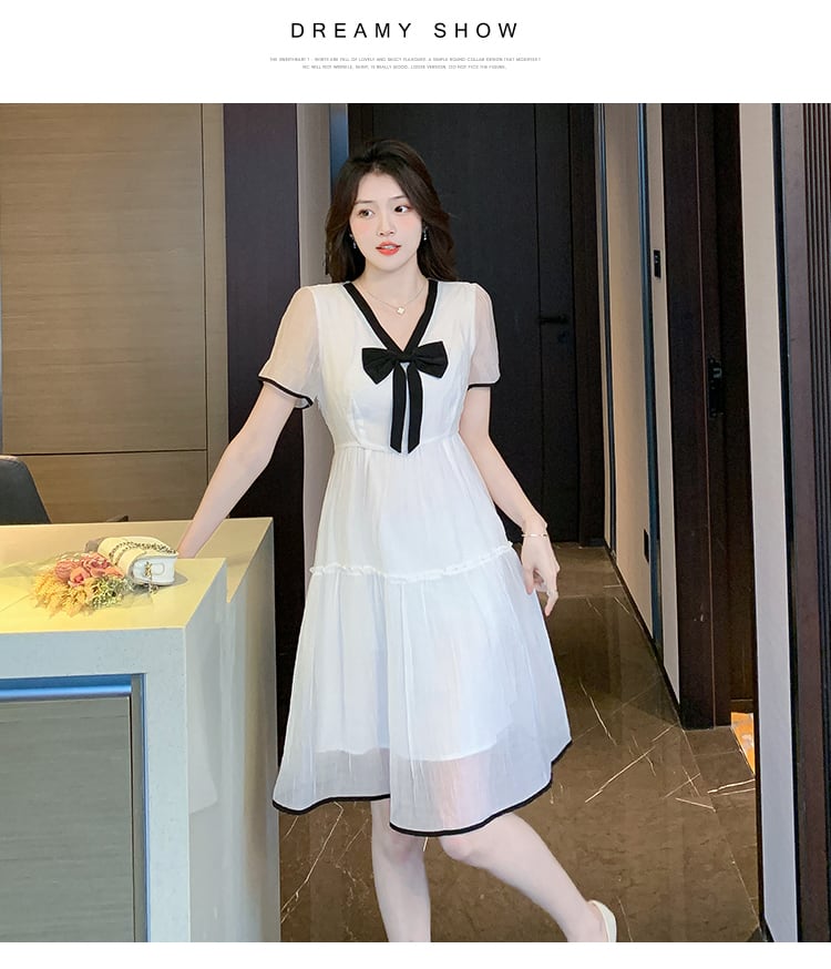 【dress】Vネックリボンシフォンワンピース G20932