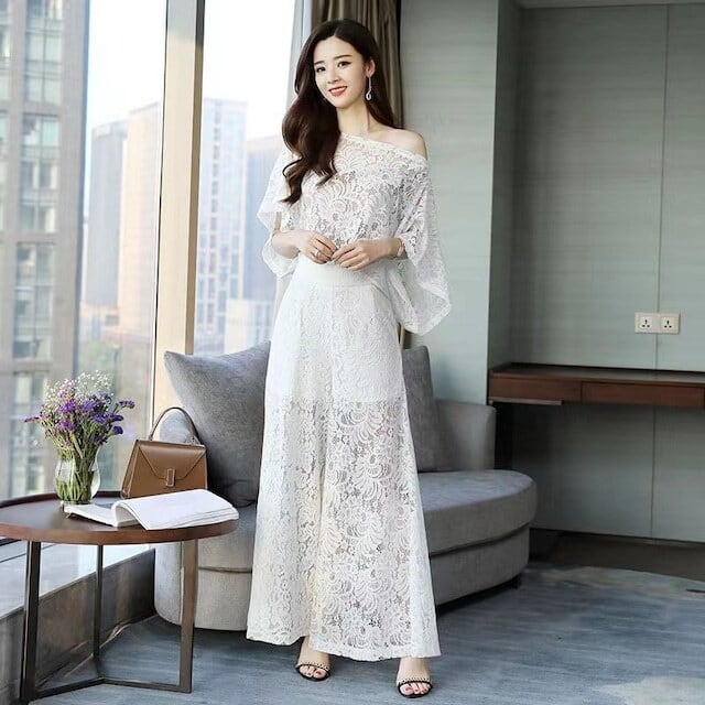 【set】ラウンドネックレース透かし彫りトップス（インナー付き)+カジュアルパンツ2点セット F1922