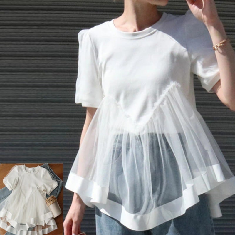 【tops】チュール切り替えTシャツ　M24045