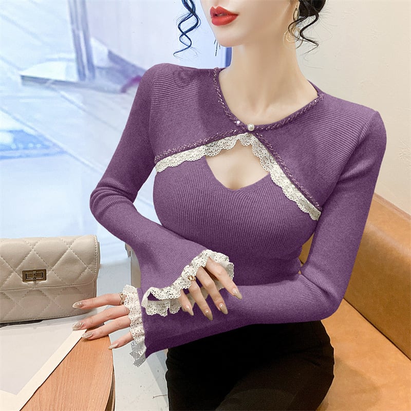 【tops】ビジューレース切り替えニットトップス　M27966