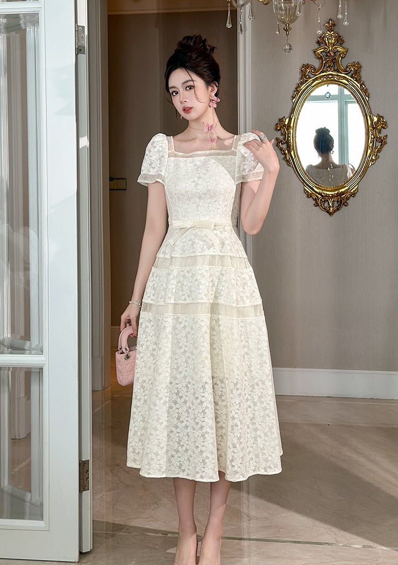 【dress】半袖スクエアネックレースロングワンピース Q8482