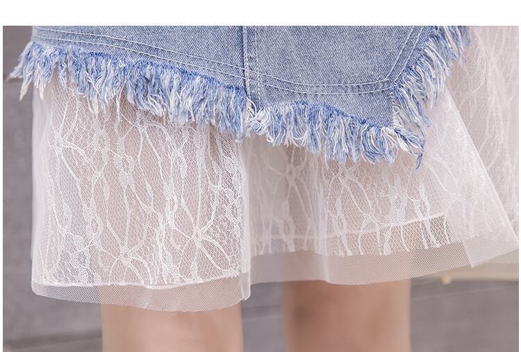 【bottoms】おすすめファッションレースハイウエスト切り替えゆったりデニムスカート