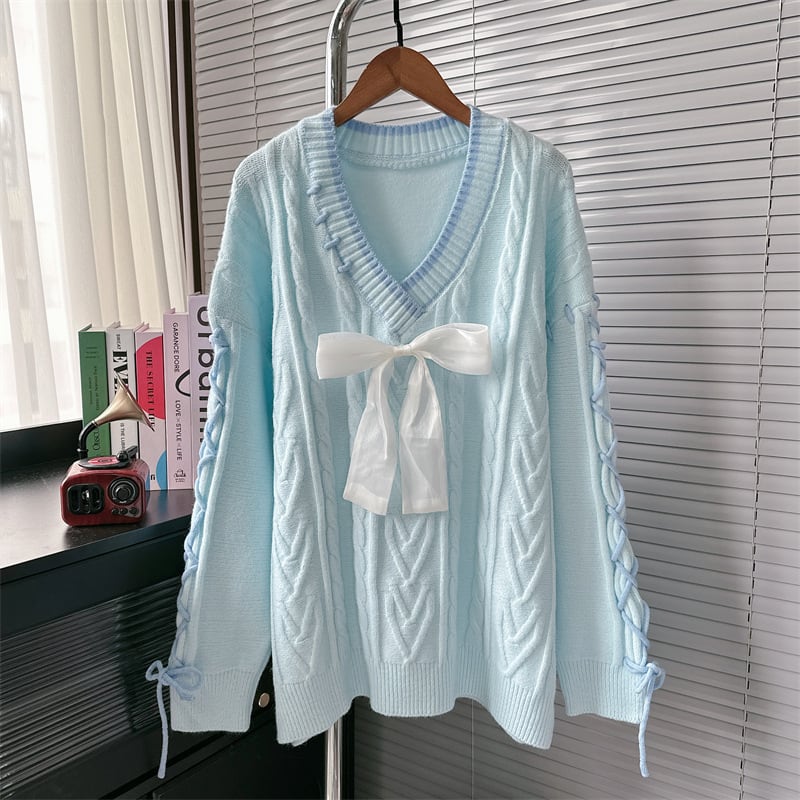 【tops】リボン付きレースアップニットセーター　N2714