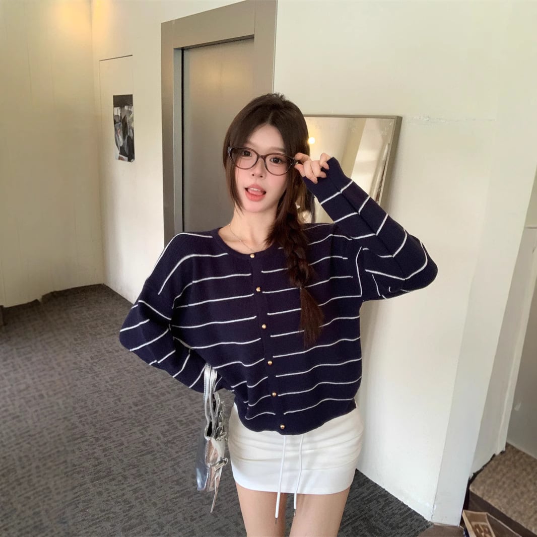【outer】ボーダー柄ニットカーデ　M27455
