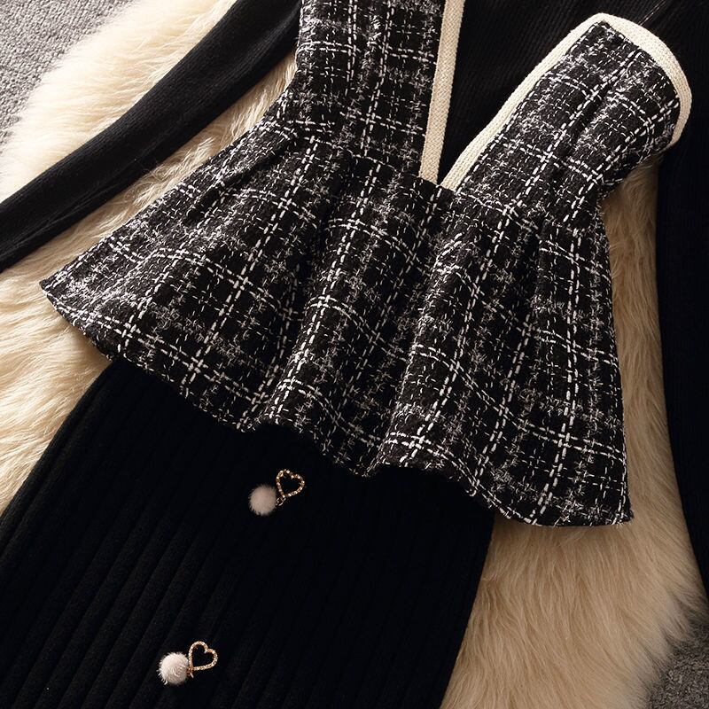 【set】店長推薦秋冬新作無地着やせセーター+チェック柄ベスト+ビーズ飾りタイトスカート通勤日常3点セットF0999