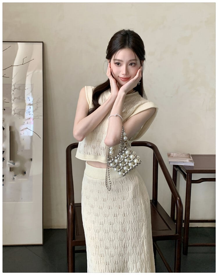 【set】レースカットワークトップス×スカートセット　M24226