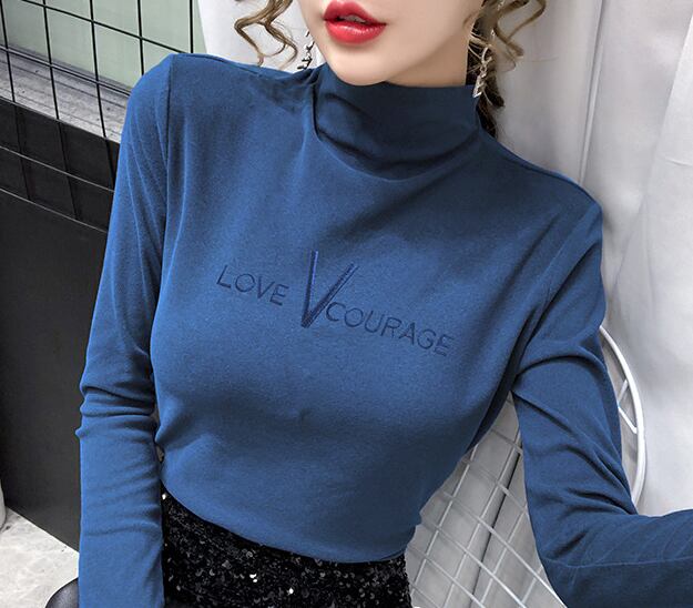 【tops】ハーフネック長袖英字柄無地着やせ寒さ対策ＴシャツF3786