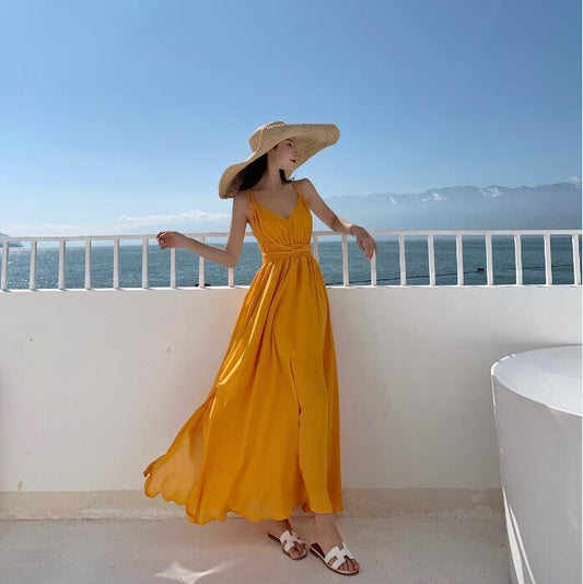 【dress】Vネック海旅行バックレスワンピースF7267