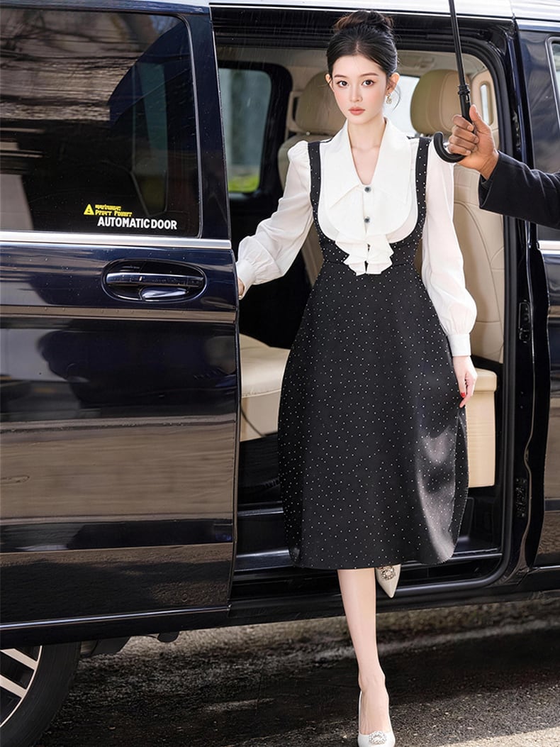 【dress】ラインストーン付きフリルロングワンピース Q7970