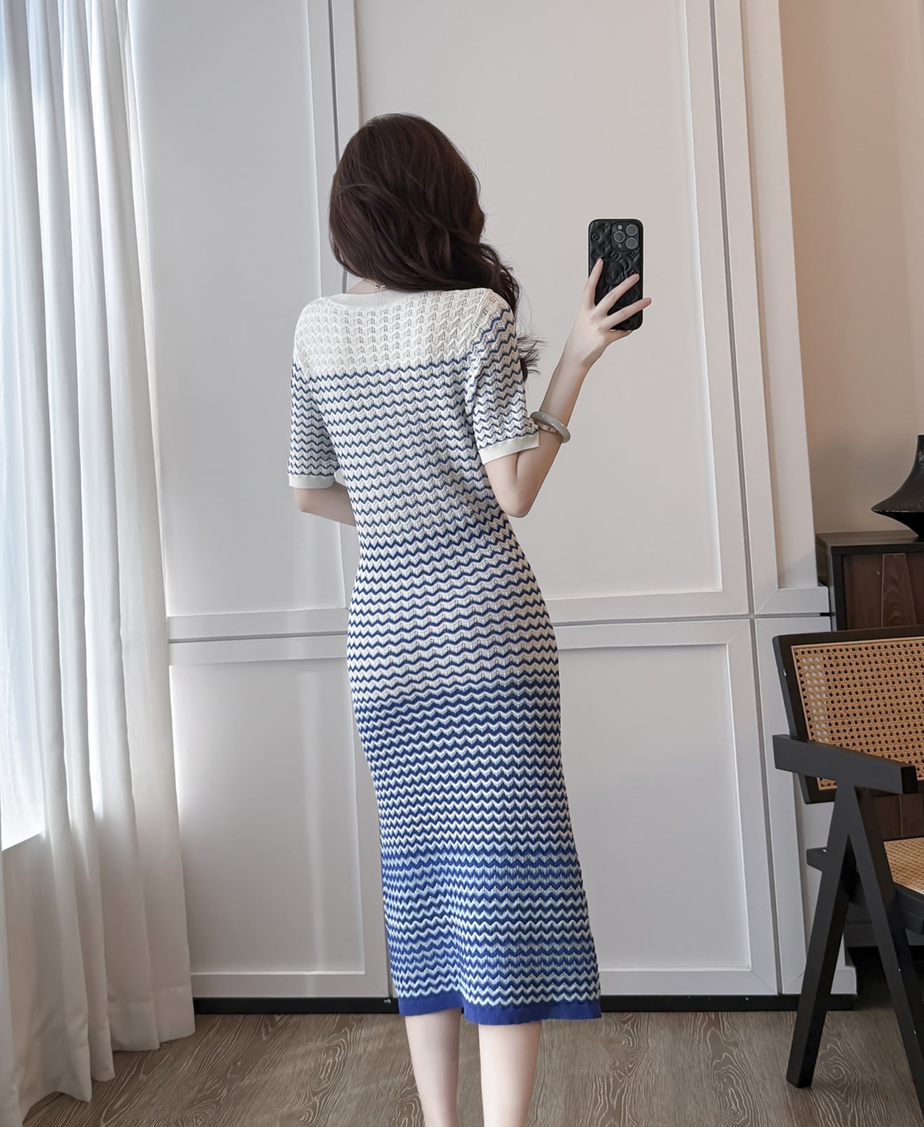 【dress】ウェーブ柄半袖ニットワンピース Q8489