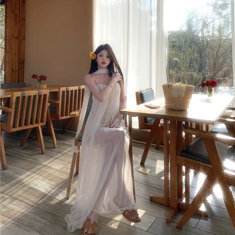 【dress】スカーフ付きシアーチュールチューブワンピース Q8511