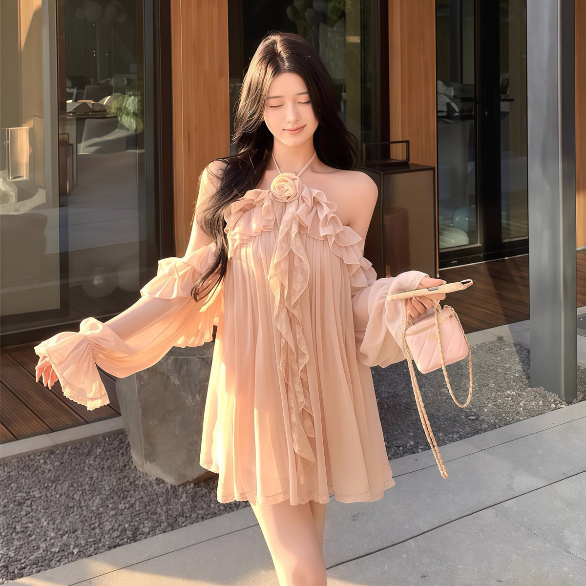【dress】ホルターネックギャザーフリルミニワンピース Q8317