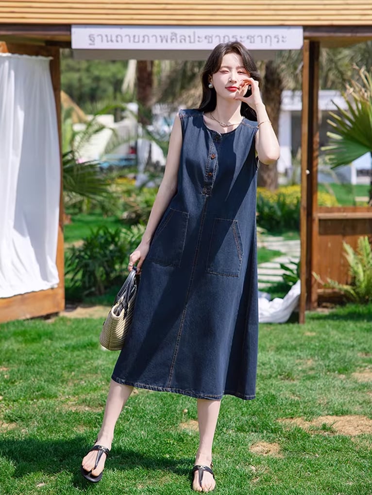 【dress】ポケット付きデニムベストワンピース Q8419