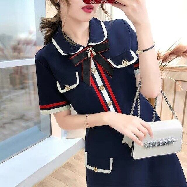 【dress】美感いっぱい2色POLOネック半袖配色韓国ファッションOL通勤ワンピースF2686