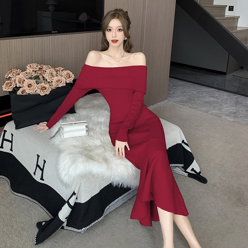 【dress】オフショルダーマーメイドニットワンピース Q7221