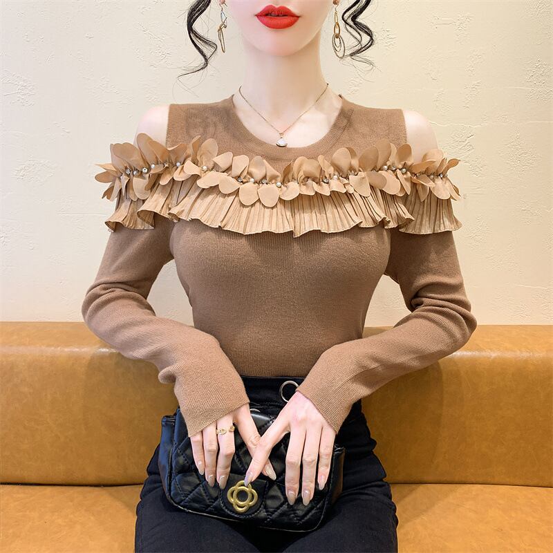 【tops】フリルオフショルダーニットトップス　M27519
