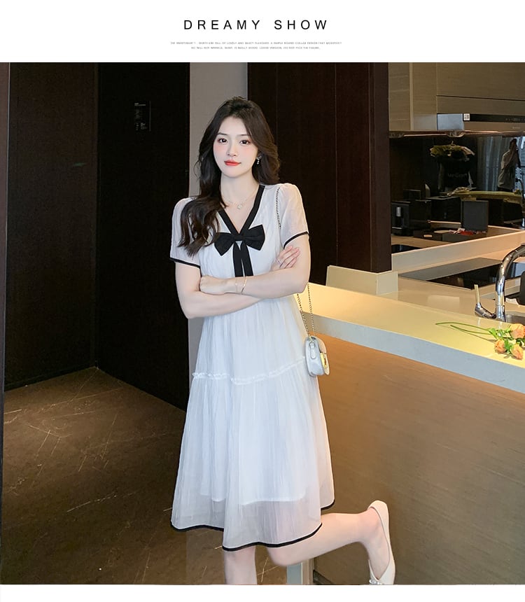 【dress】Vネックリボンシフォンワンピース G20932