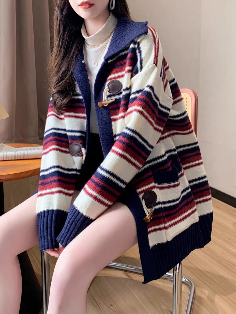 【outer】ボーダー柄ニットカーデ　M28488