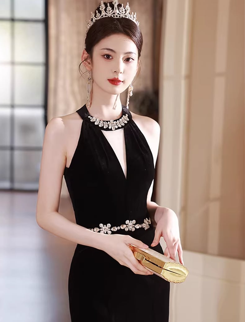 【dress】ラインストーン付きノースリーブマーメイドワンピース Q7993