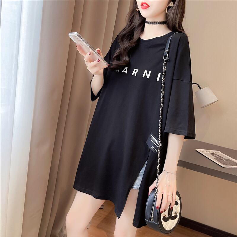 【tops】ラウンドネック半袖大きいサイズゆったりスリットTシャツF0074