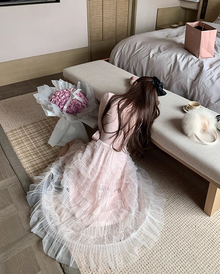 【dress】レース付きニットドッキングチュールワンピース Q7646
