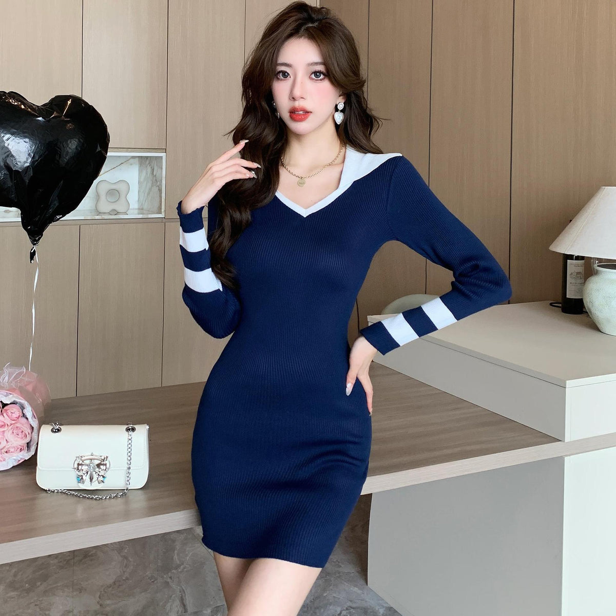 【dress】配色ニットワンピース　M27718
