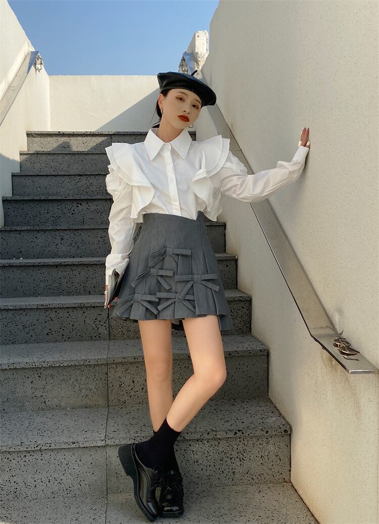 【tops】POLOネック長袖パフ袖ブラウスF7056