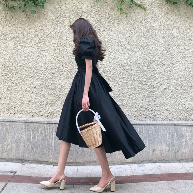 【dress】一目惚れ！ラウンドネック半袖パフ袖体型カバーファッション無地ワンピースF0627