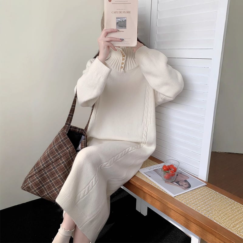 【dress】折り襟ロングニットワンピース Q7771