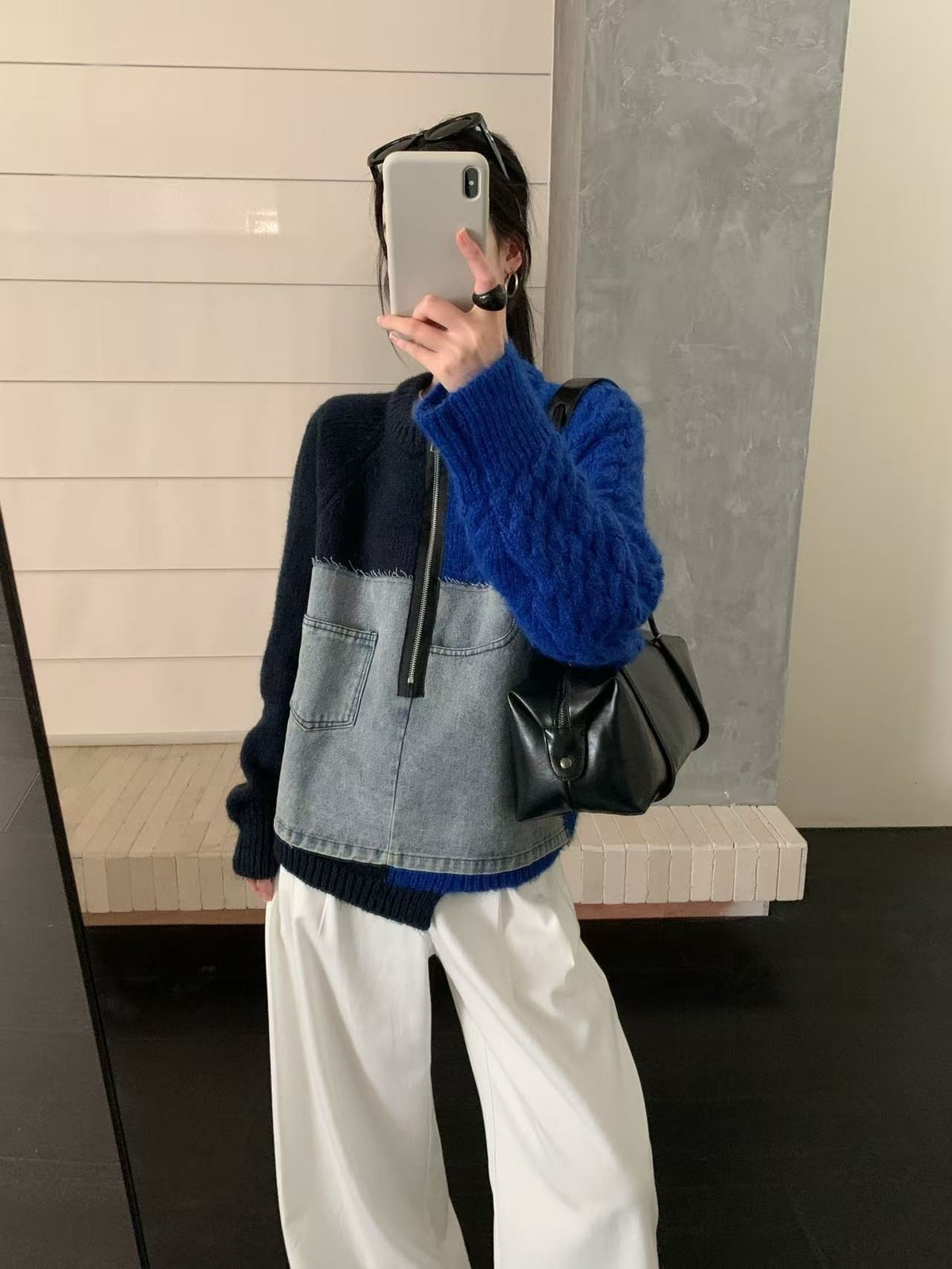 【tops】デニム切り替えニットトップス　N3288