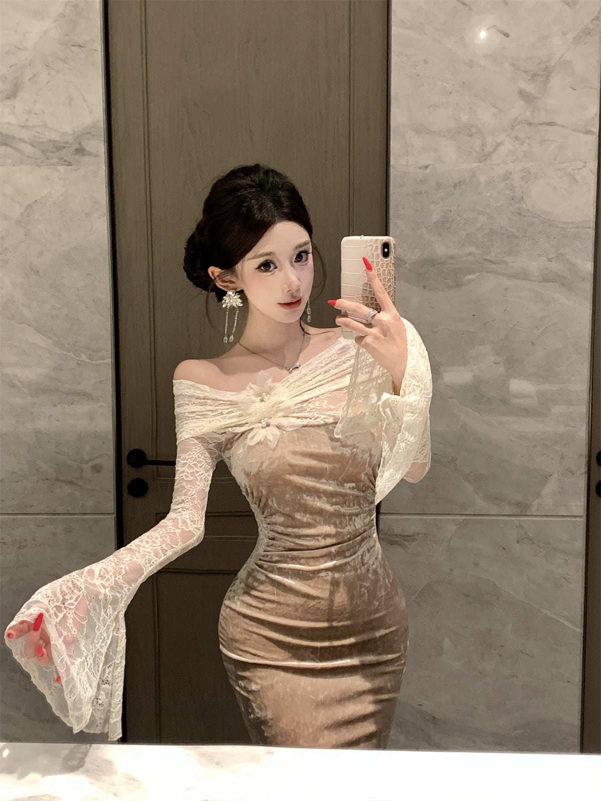 【dress】オフショルダーレースマーメイドワンピース Q7879