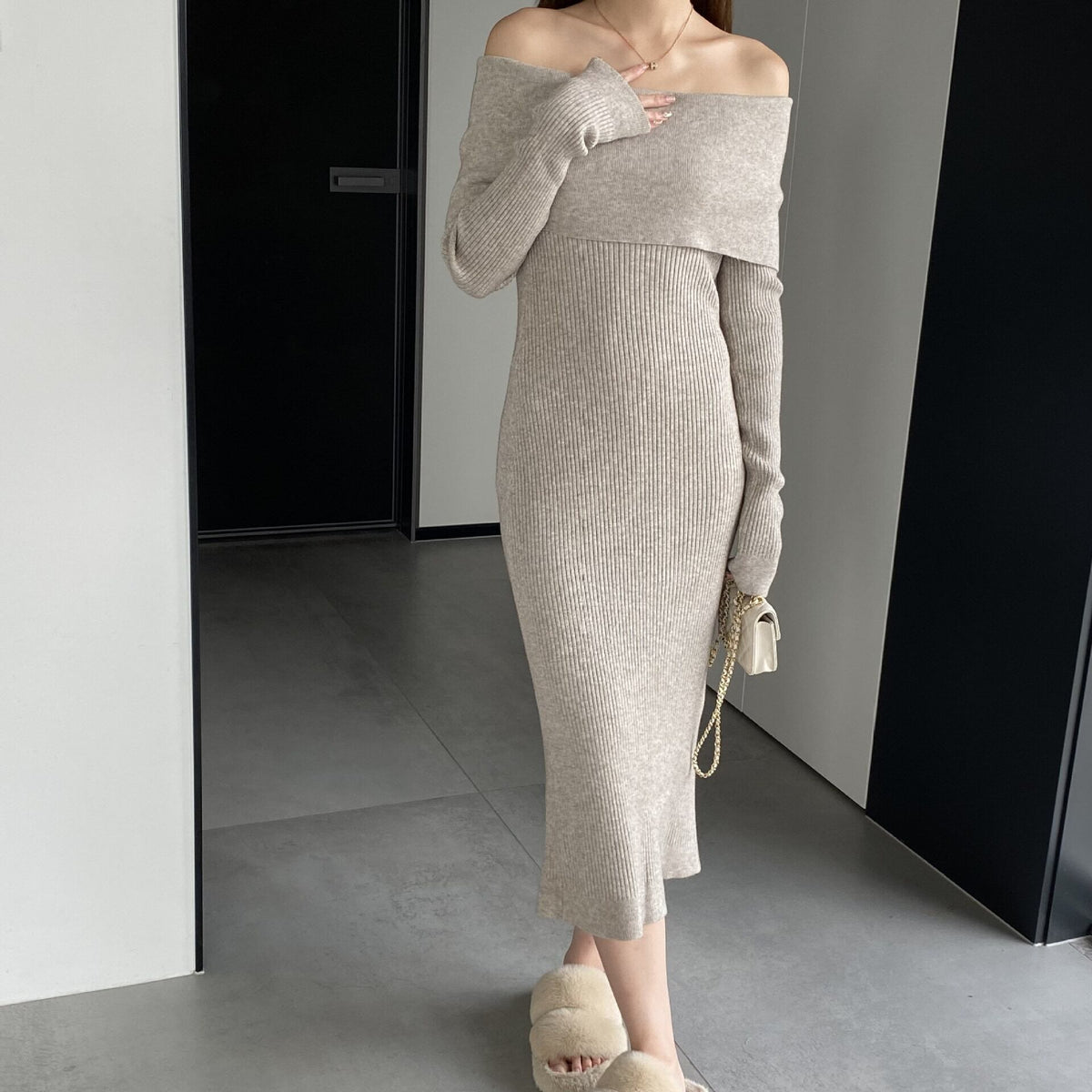 【dress】ボートネックニットワンピース　M18734