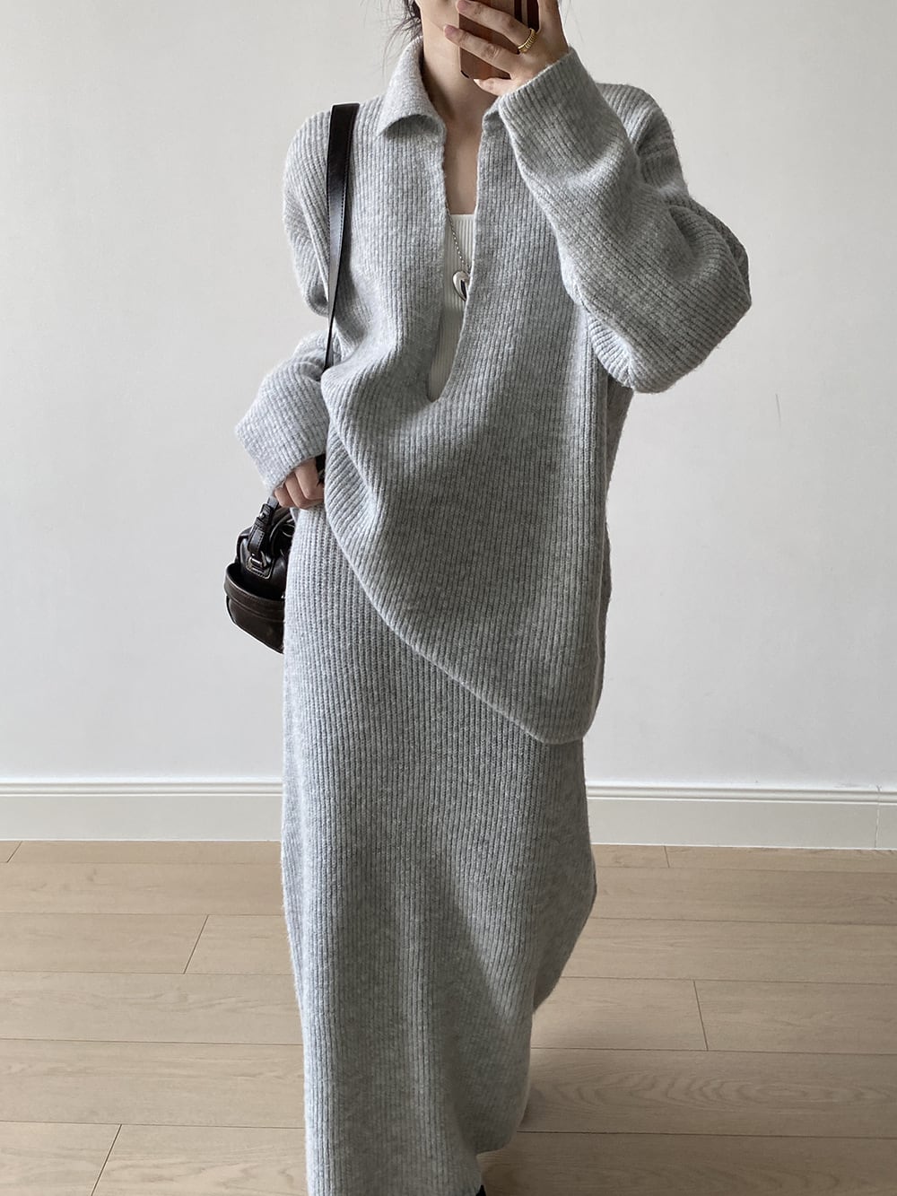 【set】Vネックニットトップス×ロングスカートセット　N3441