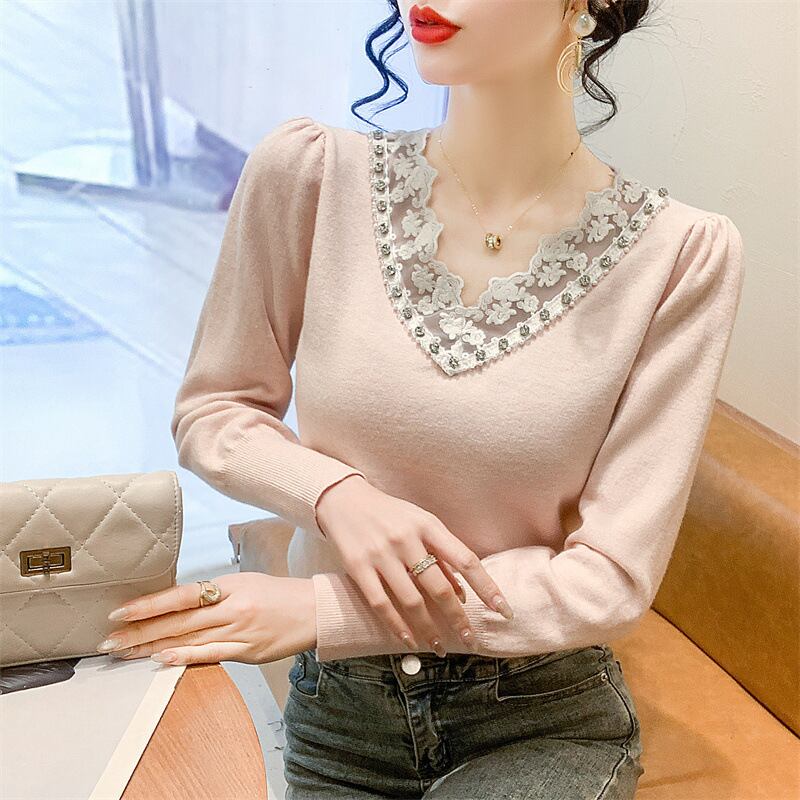 【tops】Vネックレース切り替えニットトップス　M28260