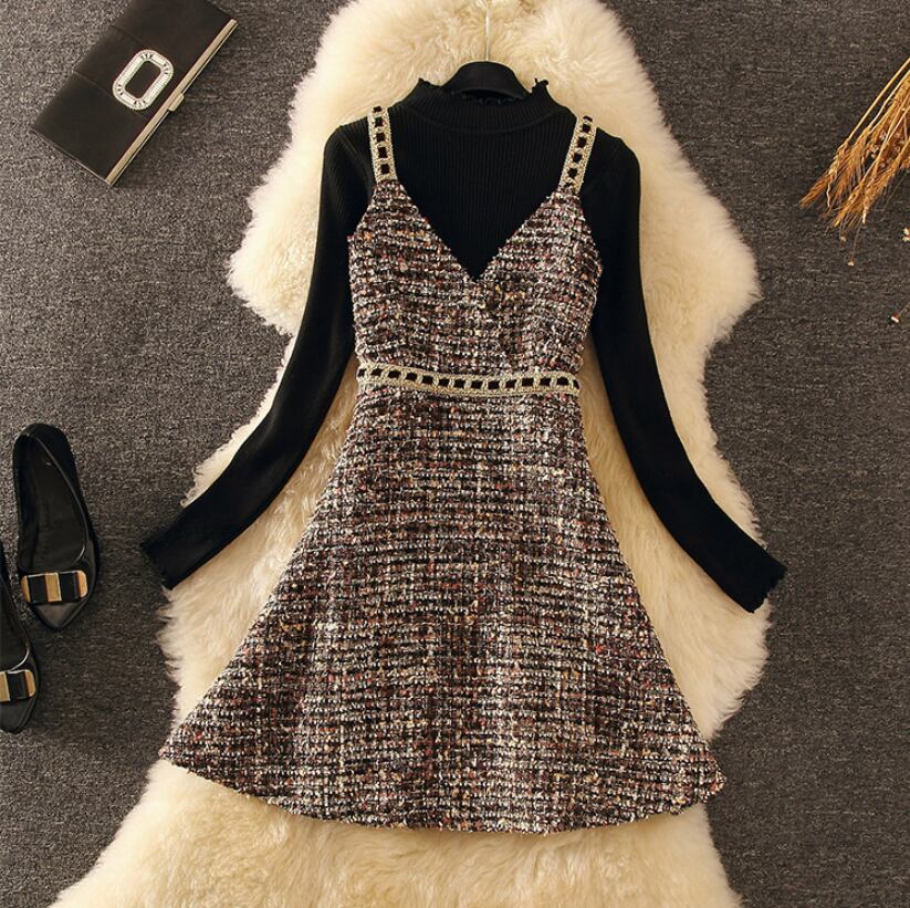 【set】今季マストバイ!気質満点ニットトップス+キャミワンピース秋冬２点セット G3176